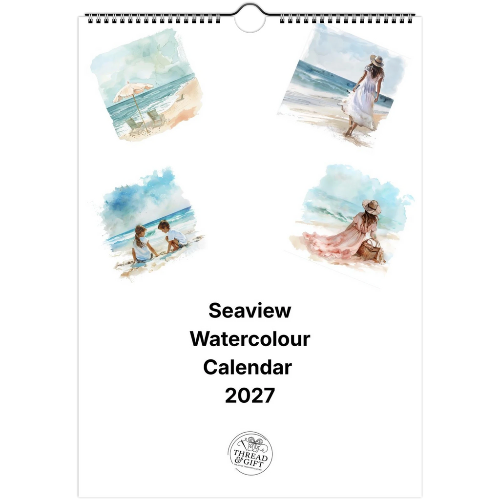 2027 Seaview Watercolour Wall Calendar – Personalised Custom Dates & British Bank Holidays