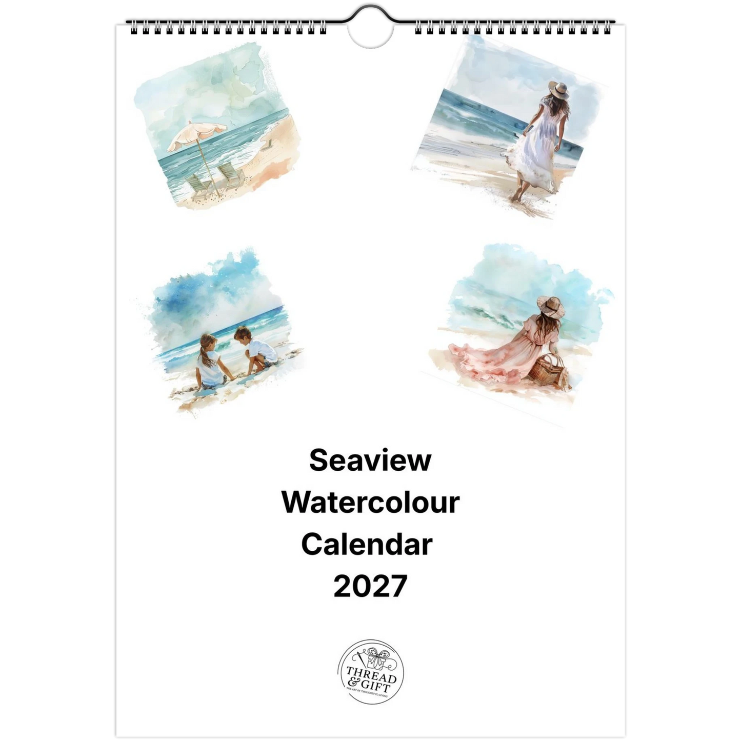 2027 Seaview Watercolour Wall Calendar – Personalised Custom Dates & British Bank Holidays