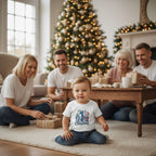 A young toddler wearing a white graphic t-shirt with a Christmas design sits on a cream rug in a cozy living room with a decorated Christmas tree and family members in the background.