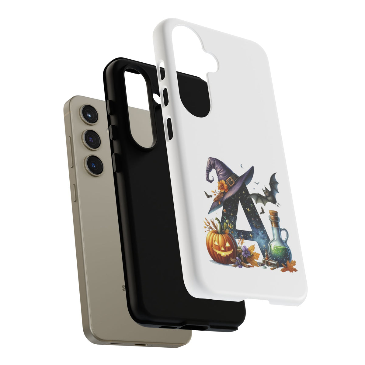 Halloween Witch Initial Phone Case - Letter A Pumpkin, Bat & Potion Cute Fall Phone Cover