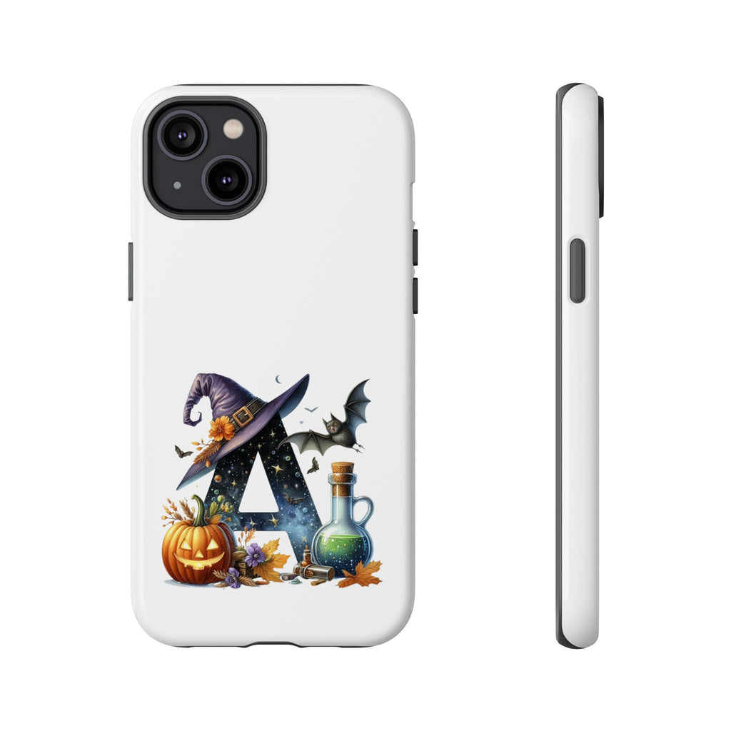 Halloween Witch Initial Phone Case - Letter A Pumpkin, Bat & Potion Cute Fall Phone Cover