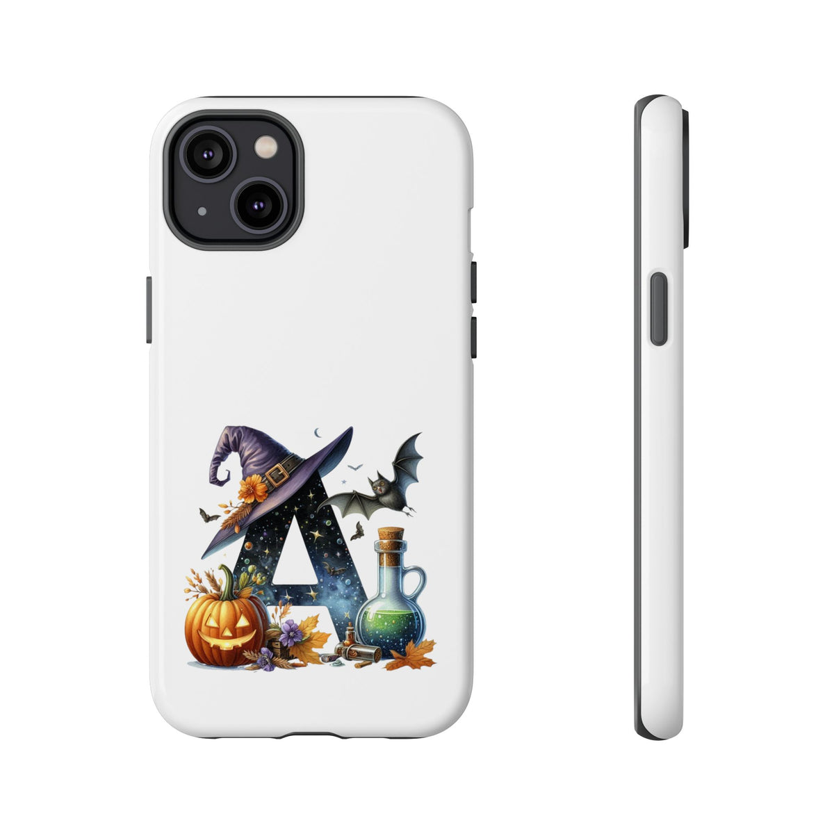 Halloween Witch Initial Phone Case - Letter A Pumpkin, Bat & Potion Cute Fall Phone Cover