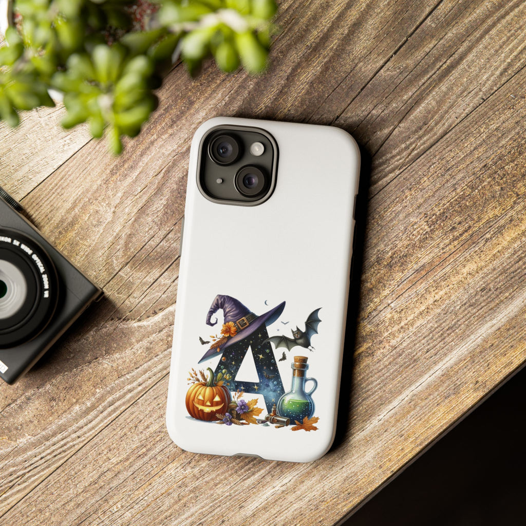 Halloween Witch Initial Phone Case - Letter A Pumpkin, Bat & Potion Cute Fall Phone Cover