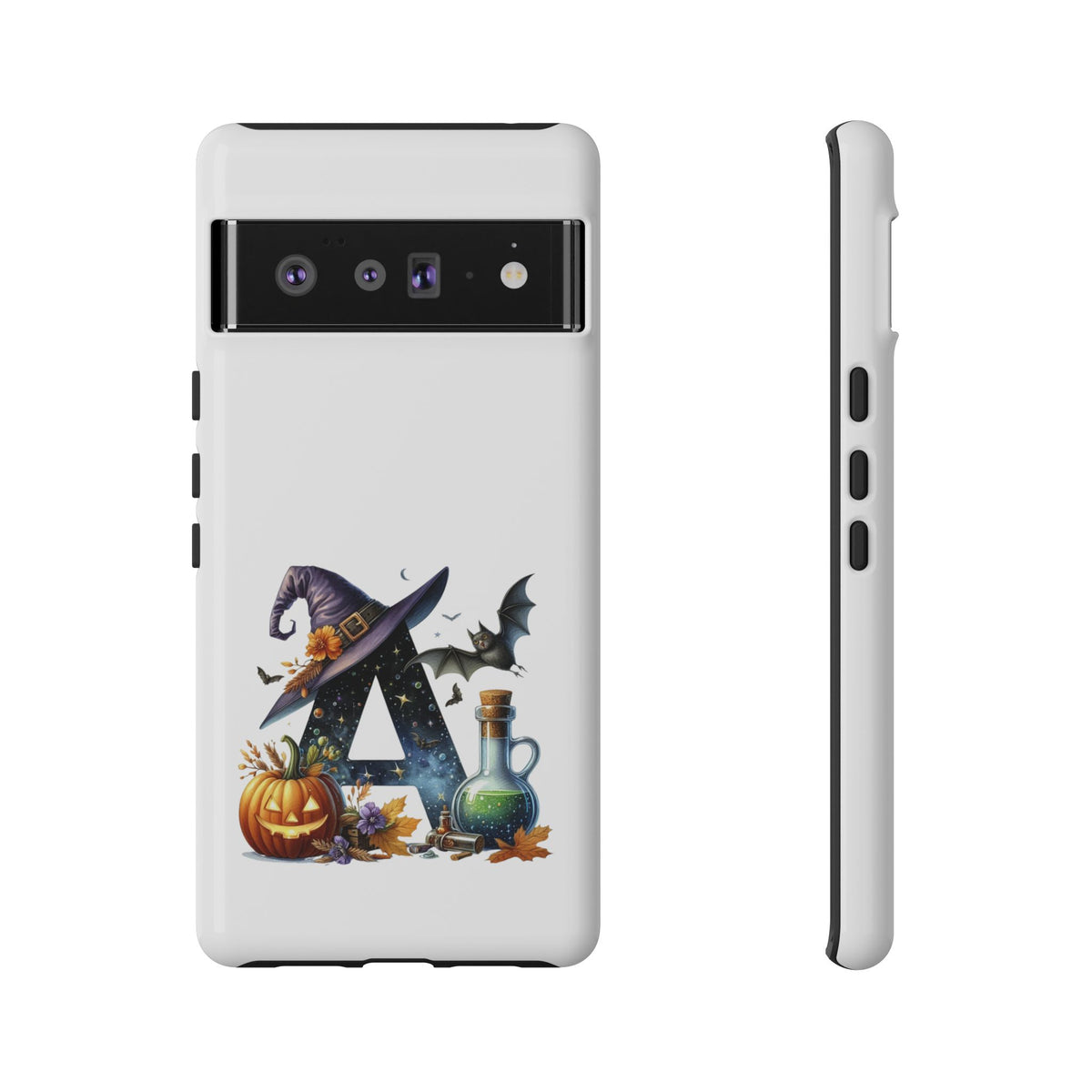 Halloween Witch Initial Phone Case - Letter A Pumpkin, Bat & Potion Cute Fall Phone Cover