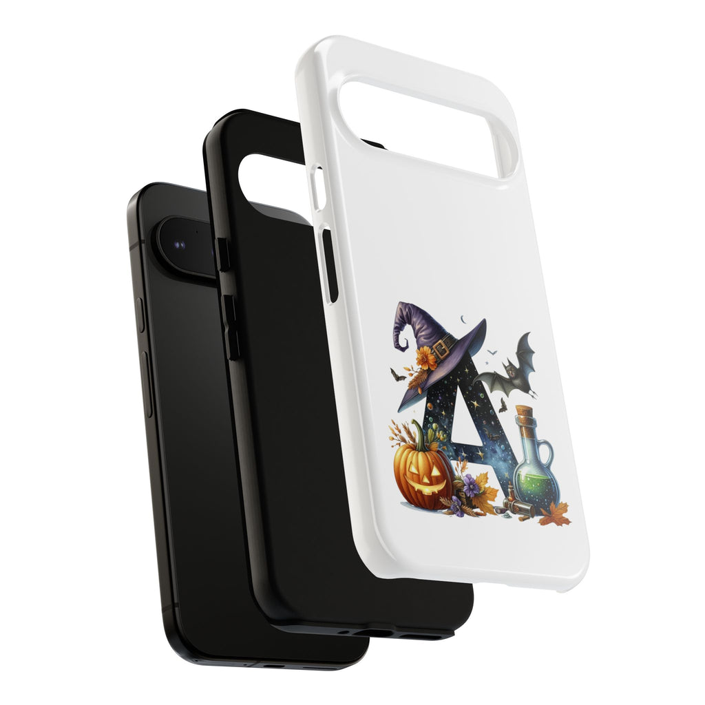 Halloween Witch Initial Phone Case - Letter A Pumpkin, Bat & Potion Cute Fall Phone Cover