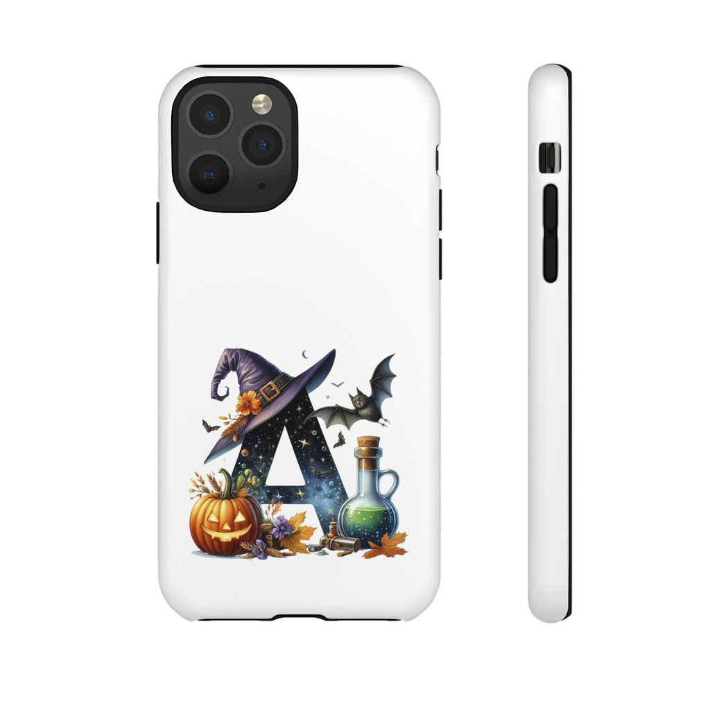 Halloween Witch Initial Phone Case - Letter A Pumpkin, Bat & Potion Cute Fall Phone Cover