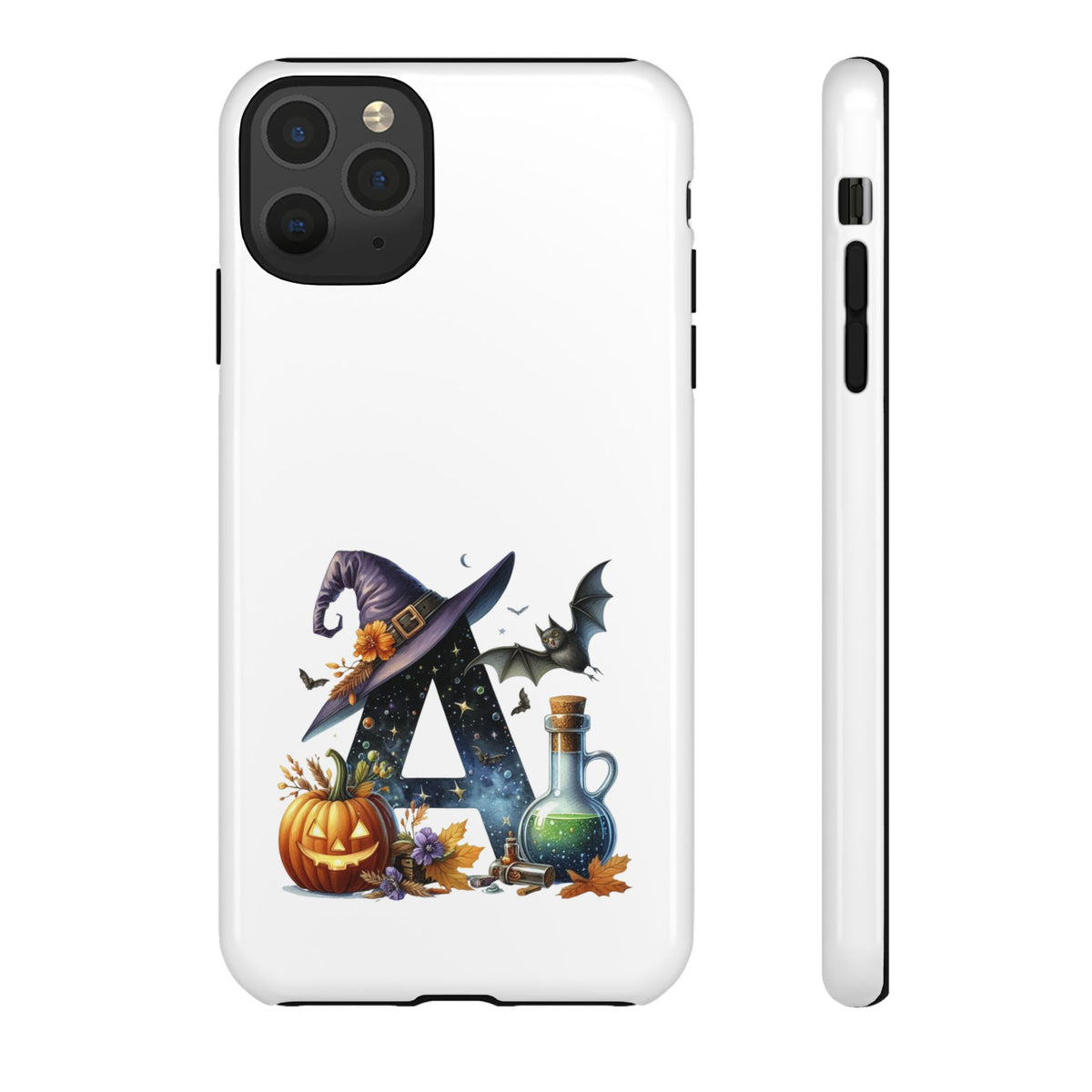 Halloween Witch Initial Phone Case - Letter A Pumpkin, Bat & Potion Cute Fall Phone Cover