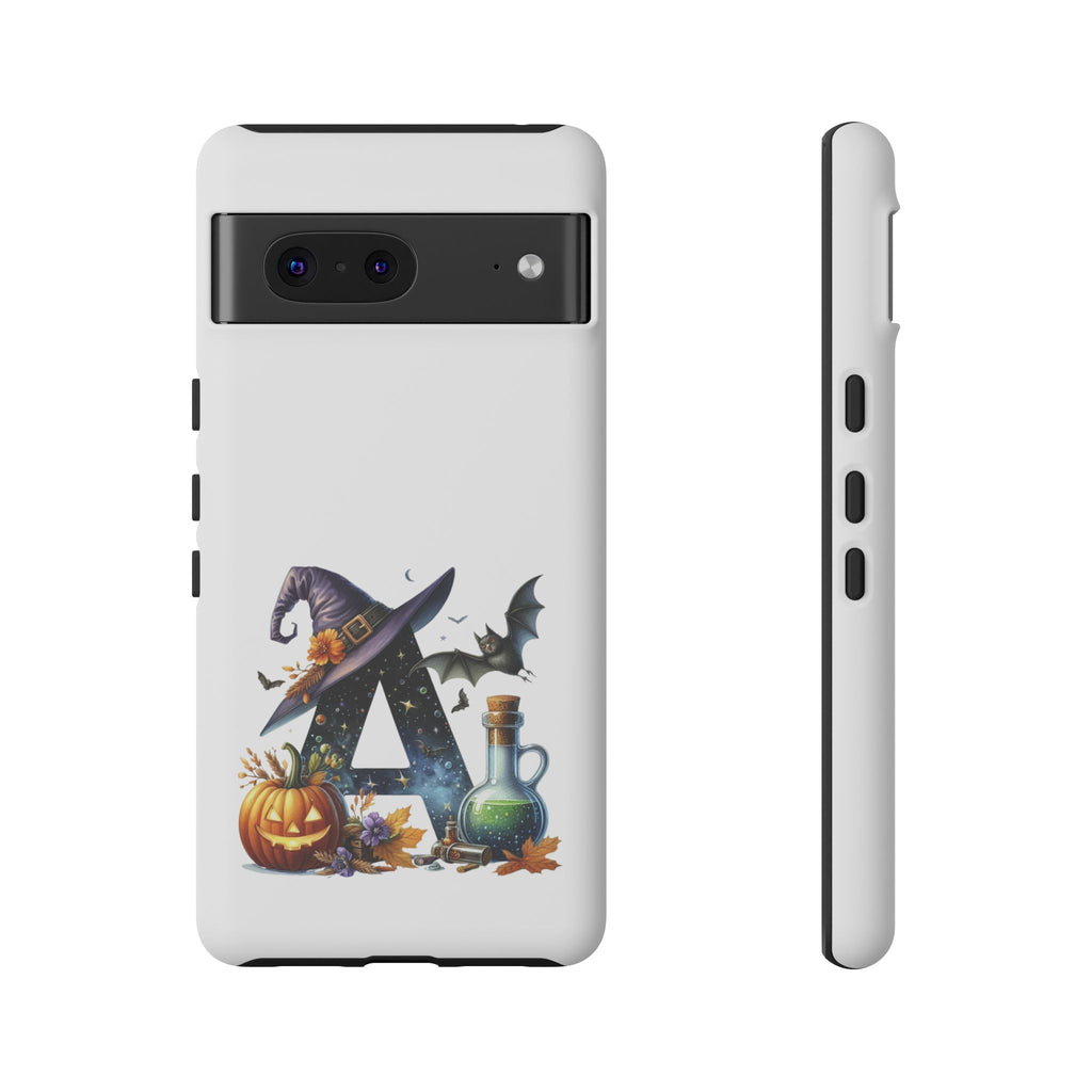 Halloween Witch Initial Phone Case - Letter A Pumpkin, Bat & Potion Cute Fall Phone Cover