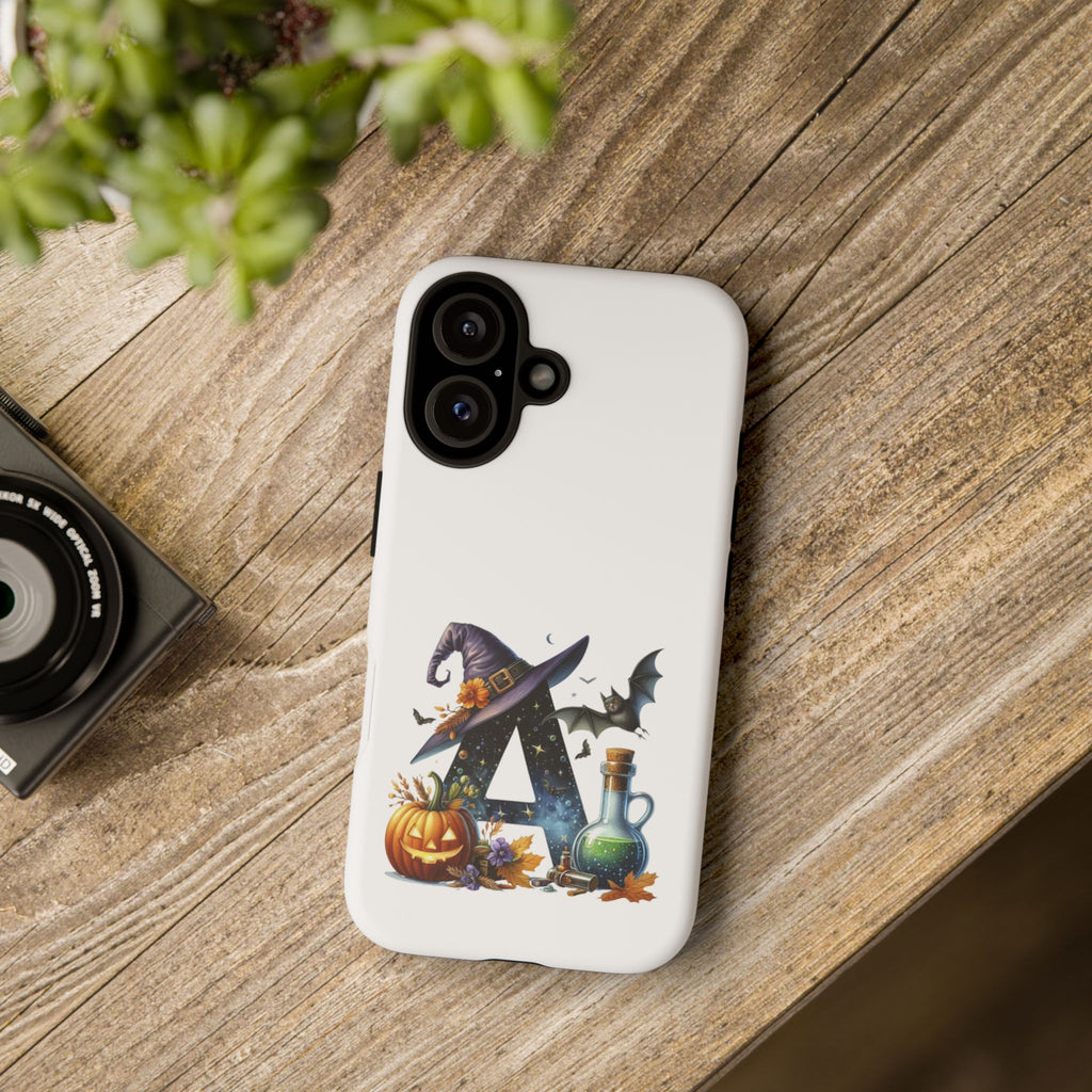 Halloween Witch Initial Phone Case - Letter A Pumpkin, Bat & Potion Cute Fall Phone Cover