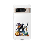 Halloween Witch Initial Phone Case - Letter A Pumpkin, Bat & Potion Cute Fall Phone Cover