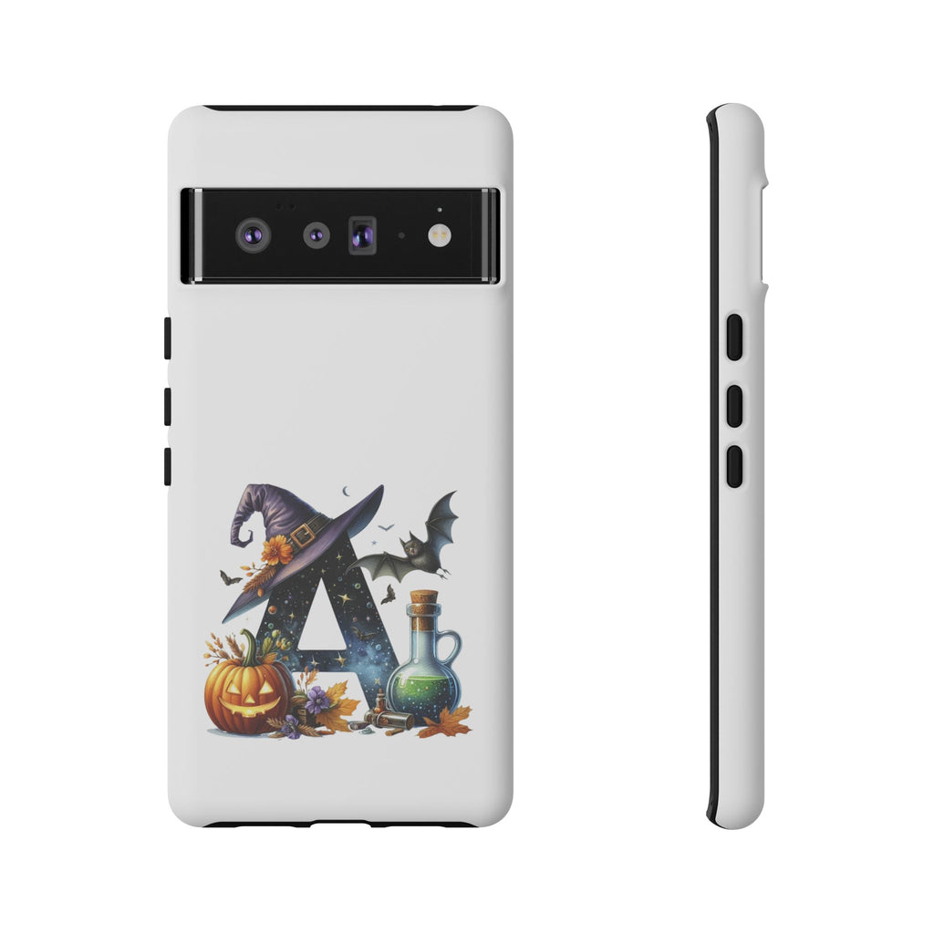 Halloween Witch Initial Phone Case - Letter A Pumpkin, Bat & Potion Cute Fall Phone Cover