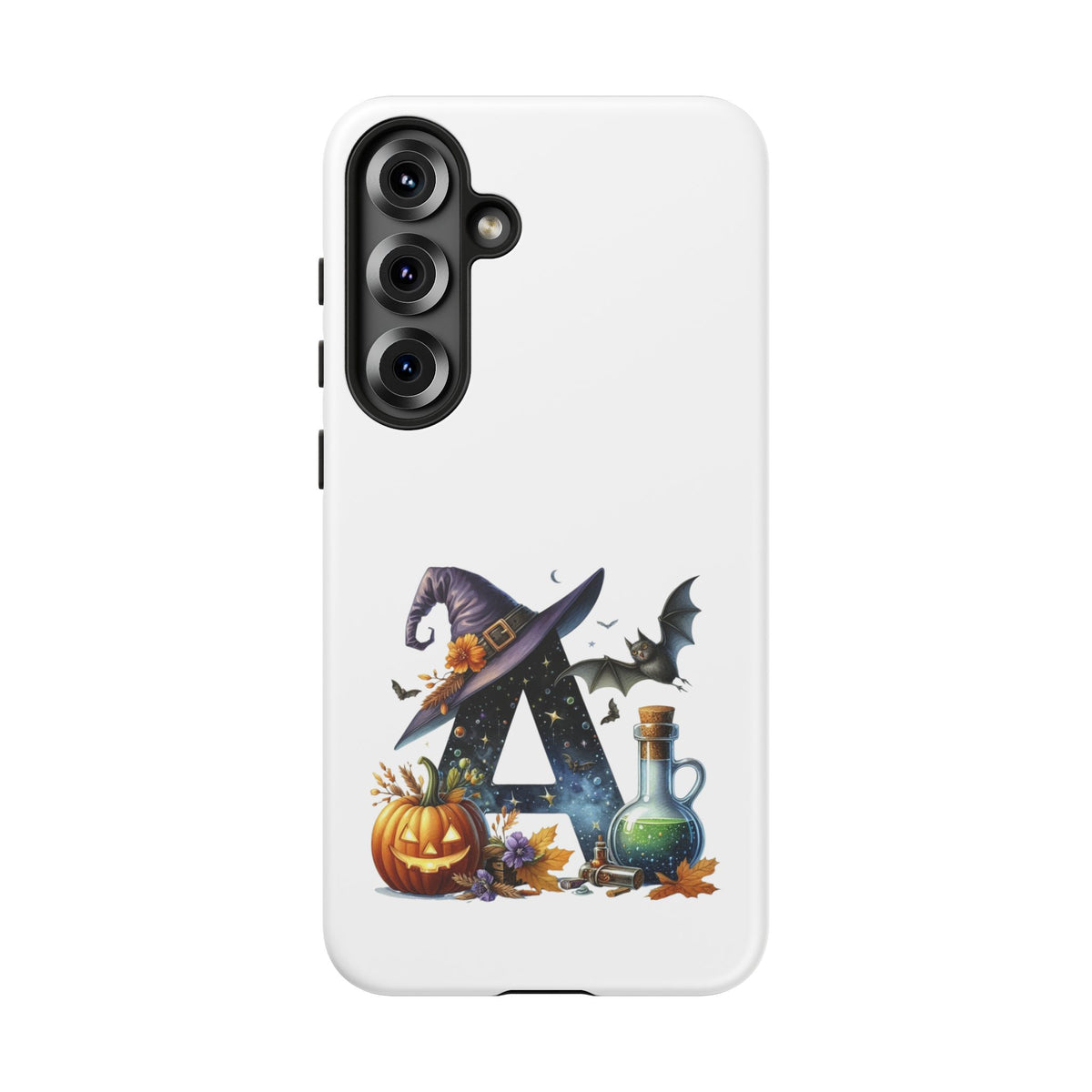 Halloween Witch Initial Phone Case - Letter A Pumpkin, Bat & Potion Cute Fall Phone Cover