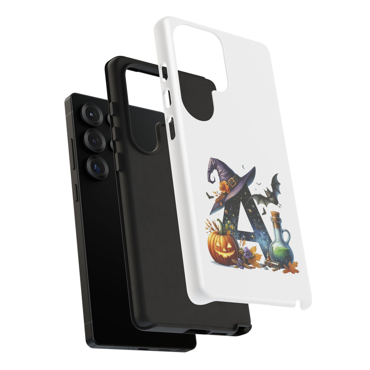 Halloween Witch Initial Phone Case - Letter A Pumpkin, Bat & Potion Cute Fall Phone Cover