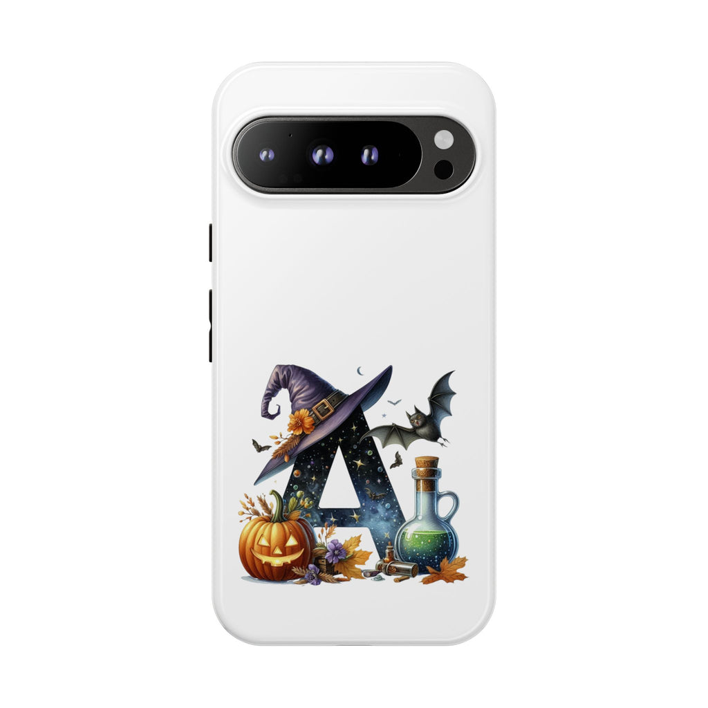 Halloween Witch Initial Phone Case - Letter A Pumpkin, Bat & Potion Cute Fall Phone Cover