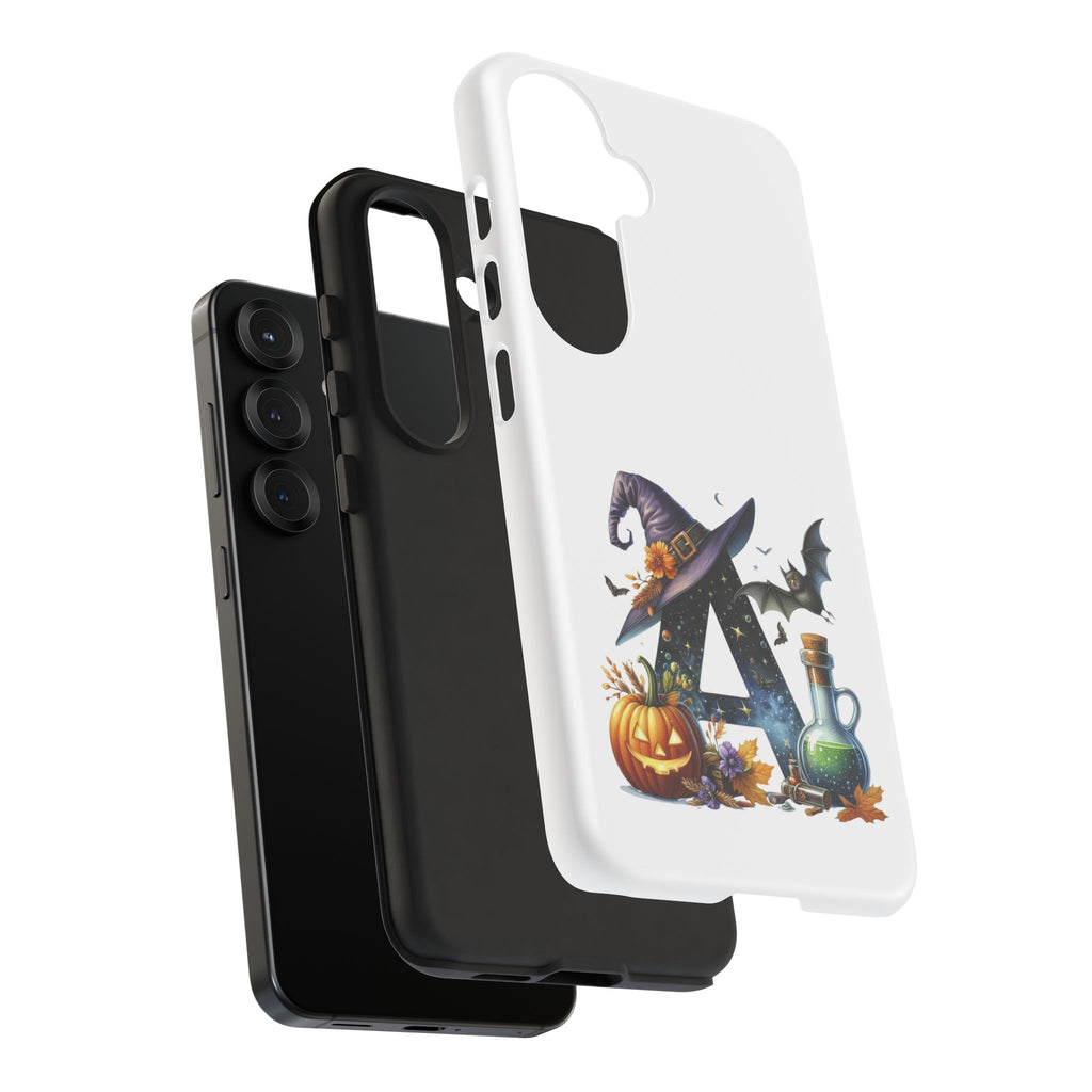 Halloween Witch Initial Phone Case - Letter A Pumpkin, Bat & Potion Cute Fall Phone Cover