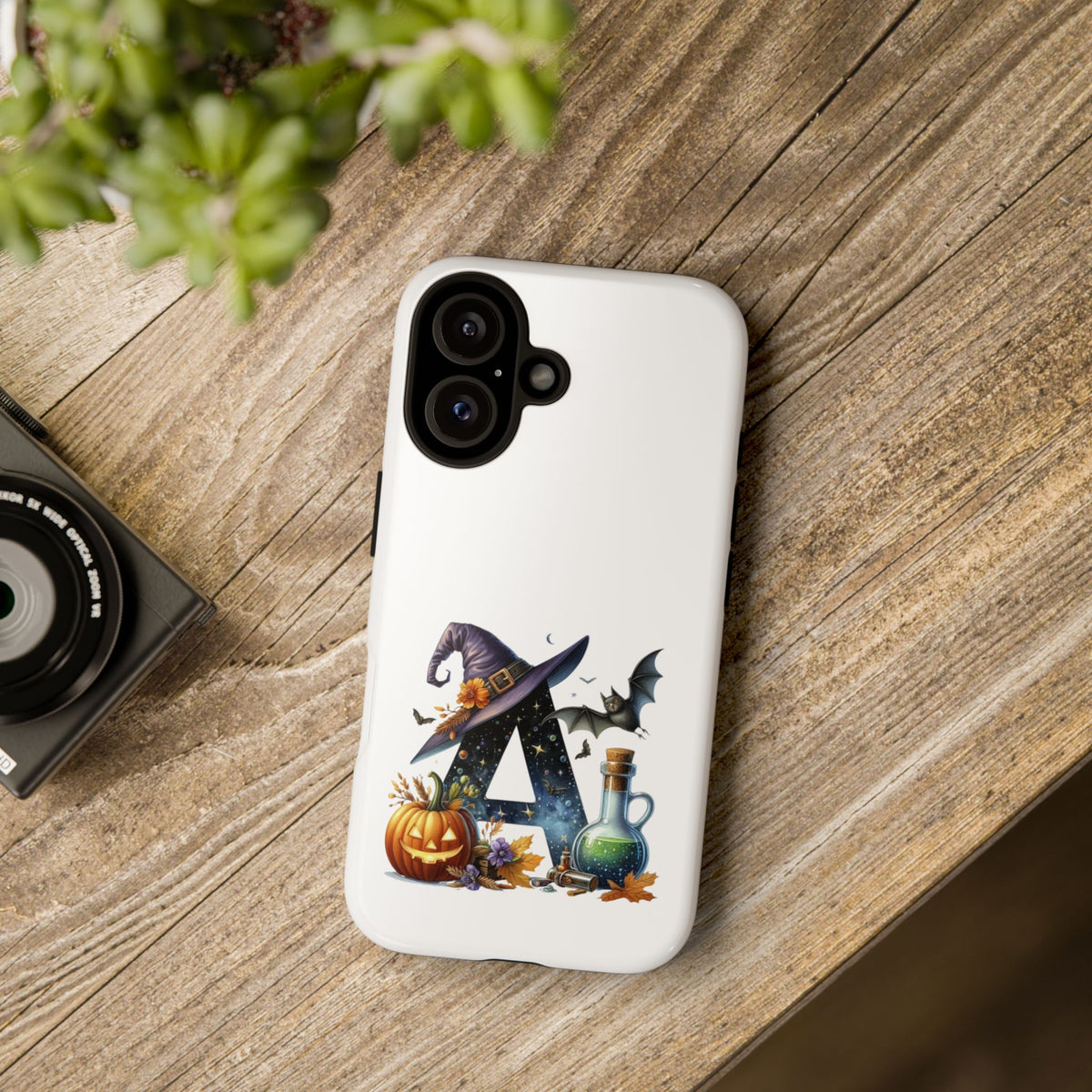Halloween Witch Initial Phone Case - Letter A Pumpkin, Bat & Potion Cute Fall Phone Cover