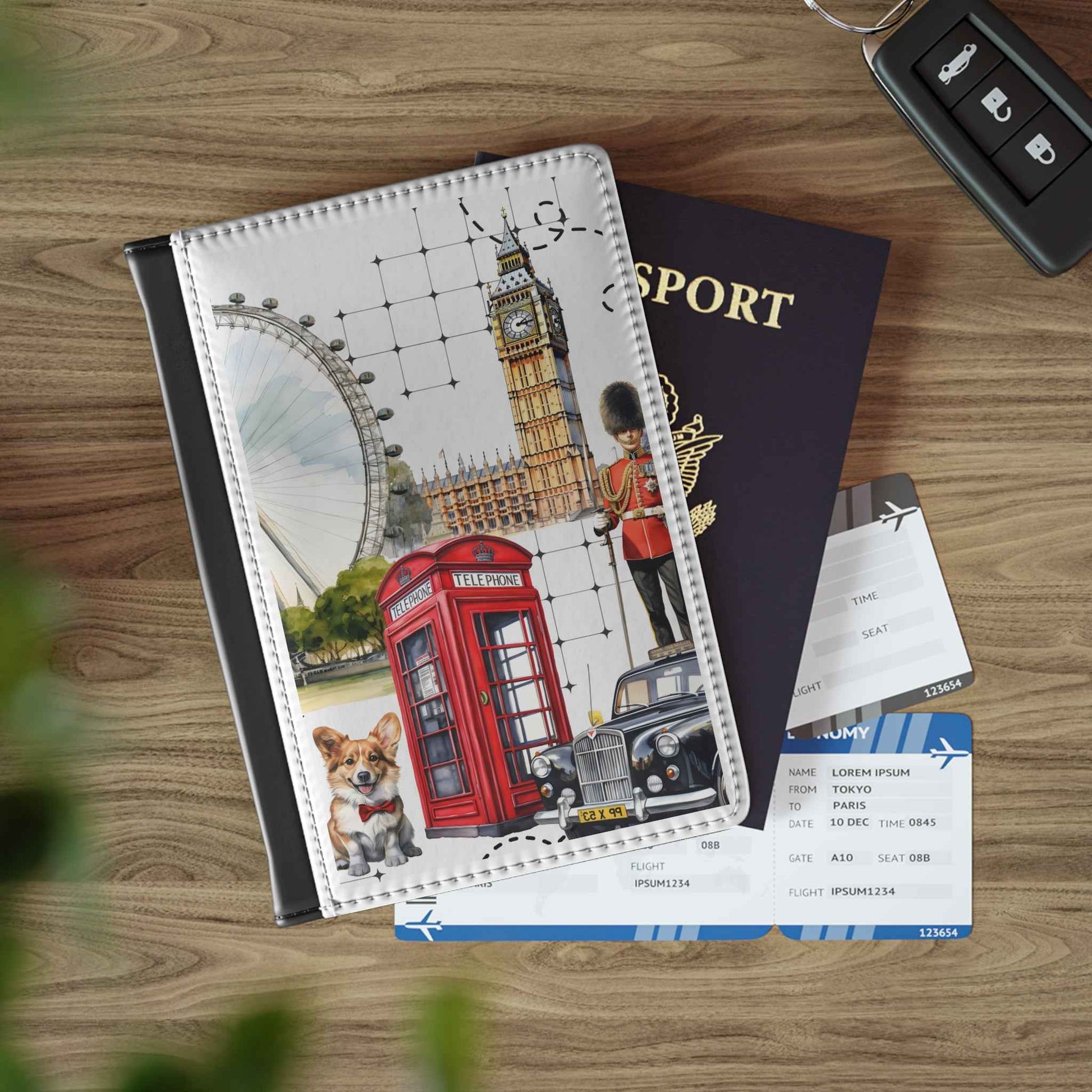 London Icons Passport Cover — Big Ben, Red Phone Box & Corgi Travel Holder