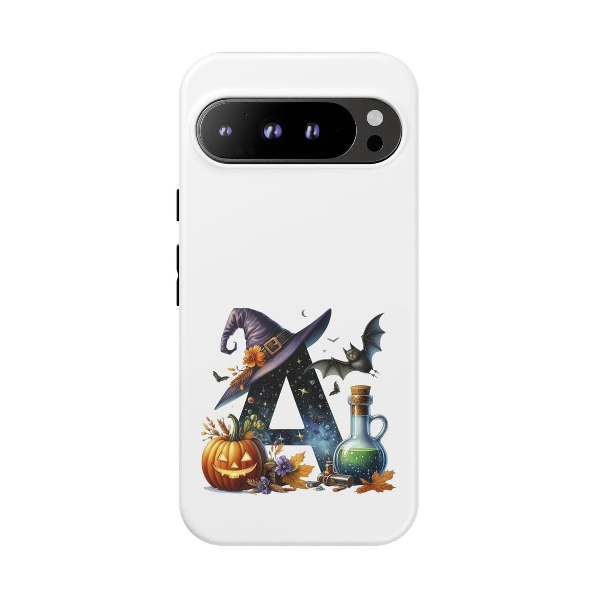 Halloween Witch Initial Phone Case - Letter A Pumpkin, Bat & Potion Cute Fall Phone Cover