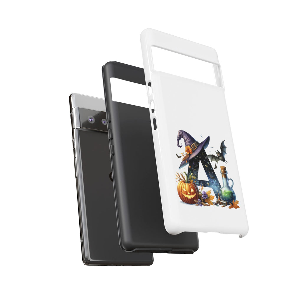 Halloween Witch Initial Phone Case - Letter A Pumpkin, Bat & Potion Cute Fall Phone Cover