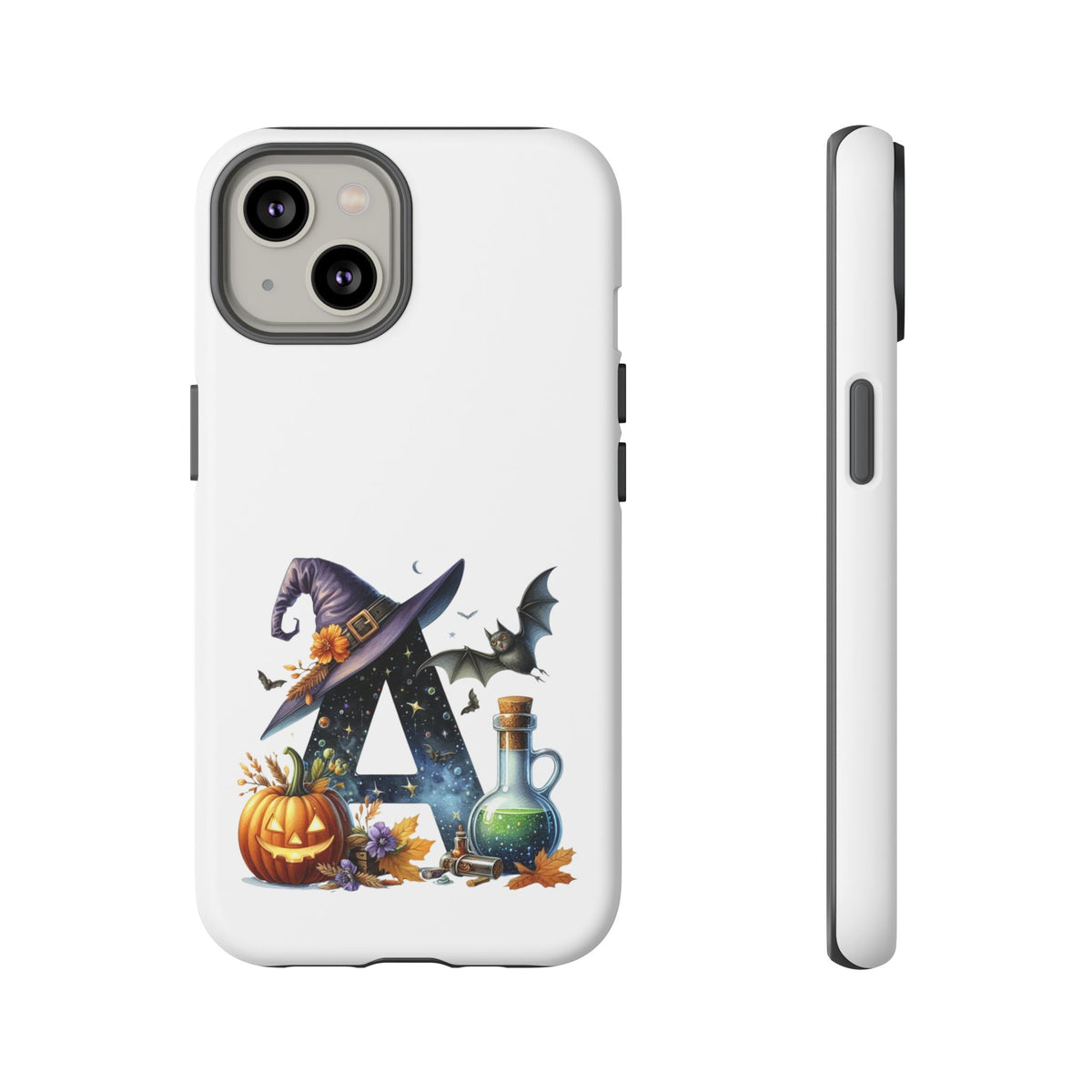 Halloween Witch Initial Phone Case - Letter A Pumpkin, Bat & Potion Cute Fall Phone Cover