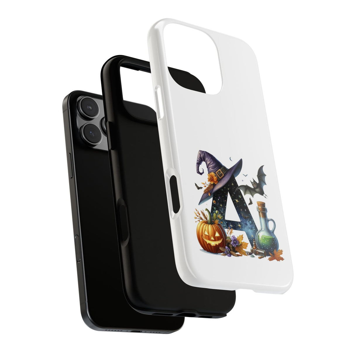 Halloween Witch Initial Phone Case - Letter A Pumpkin, Bat & Potion Cute Fall Phone Cover