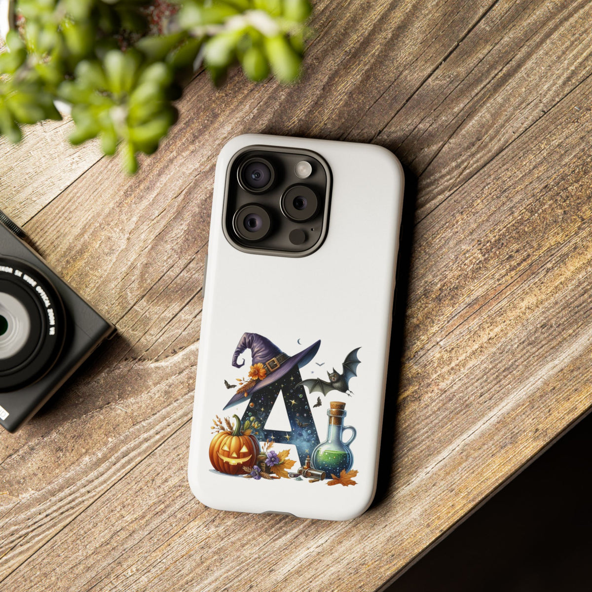 Halloween Witch Initial Phone Case - Letter A Pumpkin, Bat & Potion Cute Fall Phone Cover