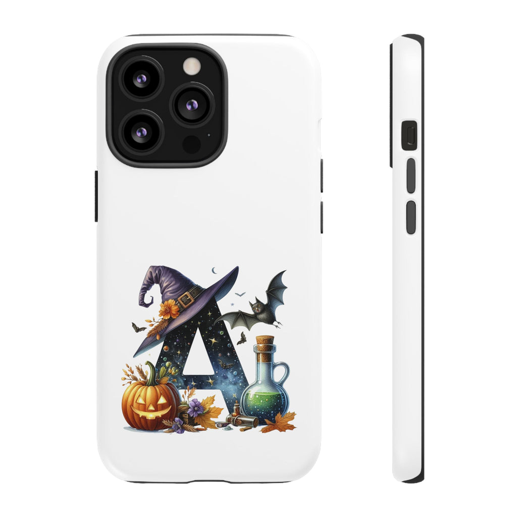 Halloween Witch Initial Phone Case - Letter A Pumpkin, Bat & Potion Cute Fall Phone Cover