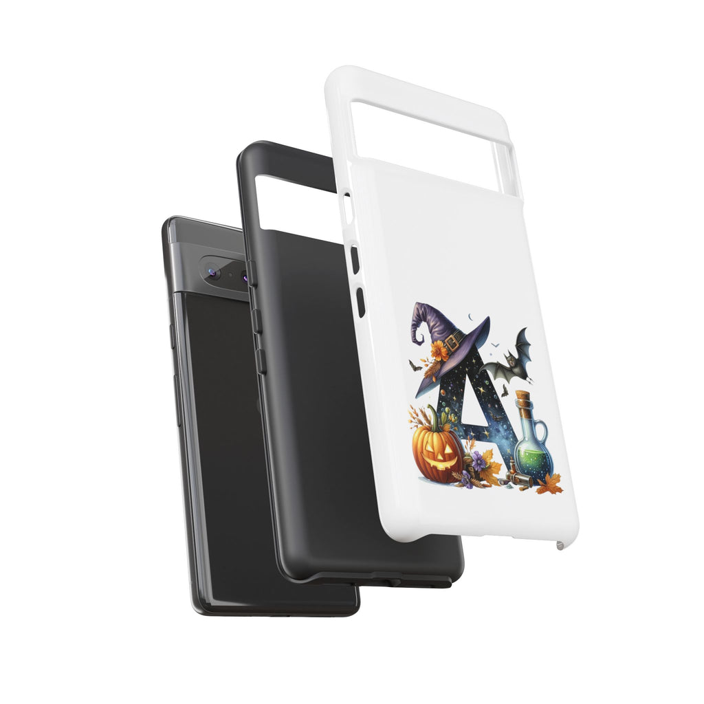 Halloween Witch Initial Phone Case - Letter A Pumpkin, Bat & Potion Cute Fall Phone Cover