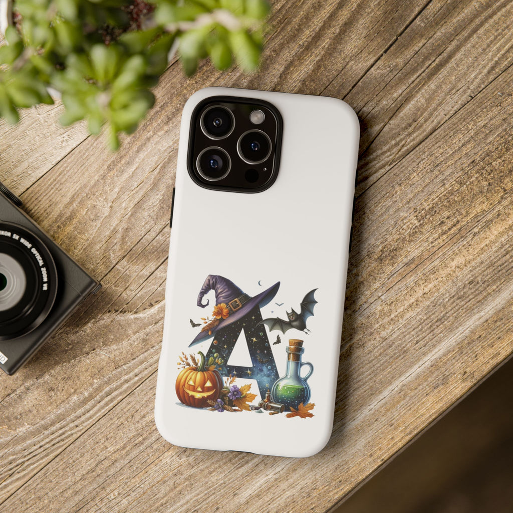 Halloween Witch Initial Phone Case - Letter A Pumpkin, Bat & Potion Cute Fall Phone Cover