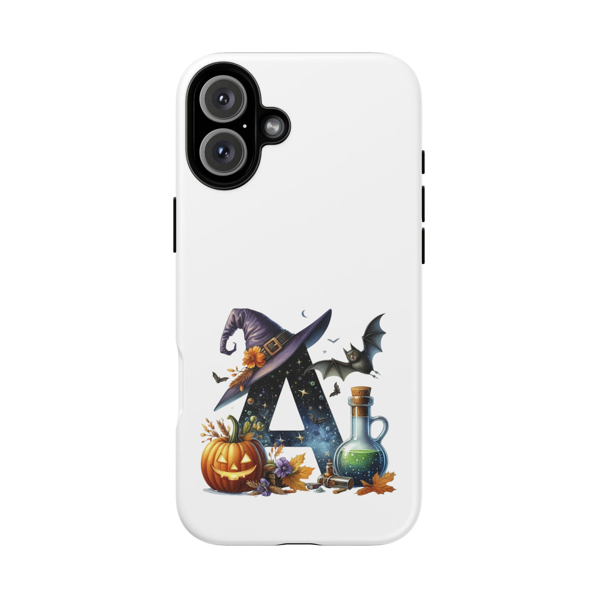 Halloween Witch Initial Phone Case - Letter A Pumpkin, Bat & Potion Cute Fall Phone Cover