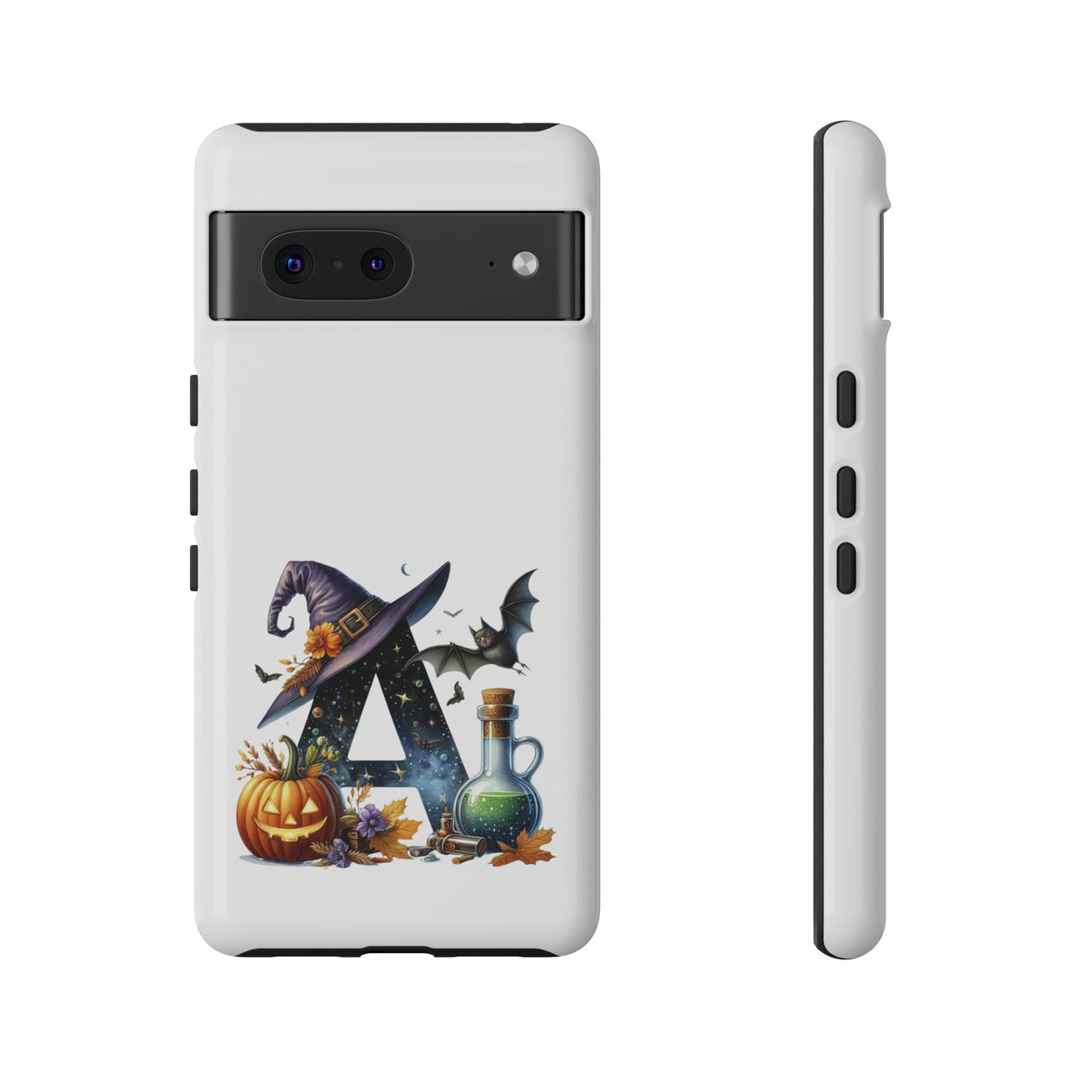 Halloween Witch Initial Phone Case - Letter A Pumpkin, Bat & Potion Cute Fall Phone Cover
