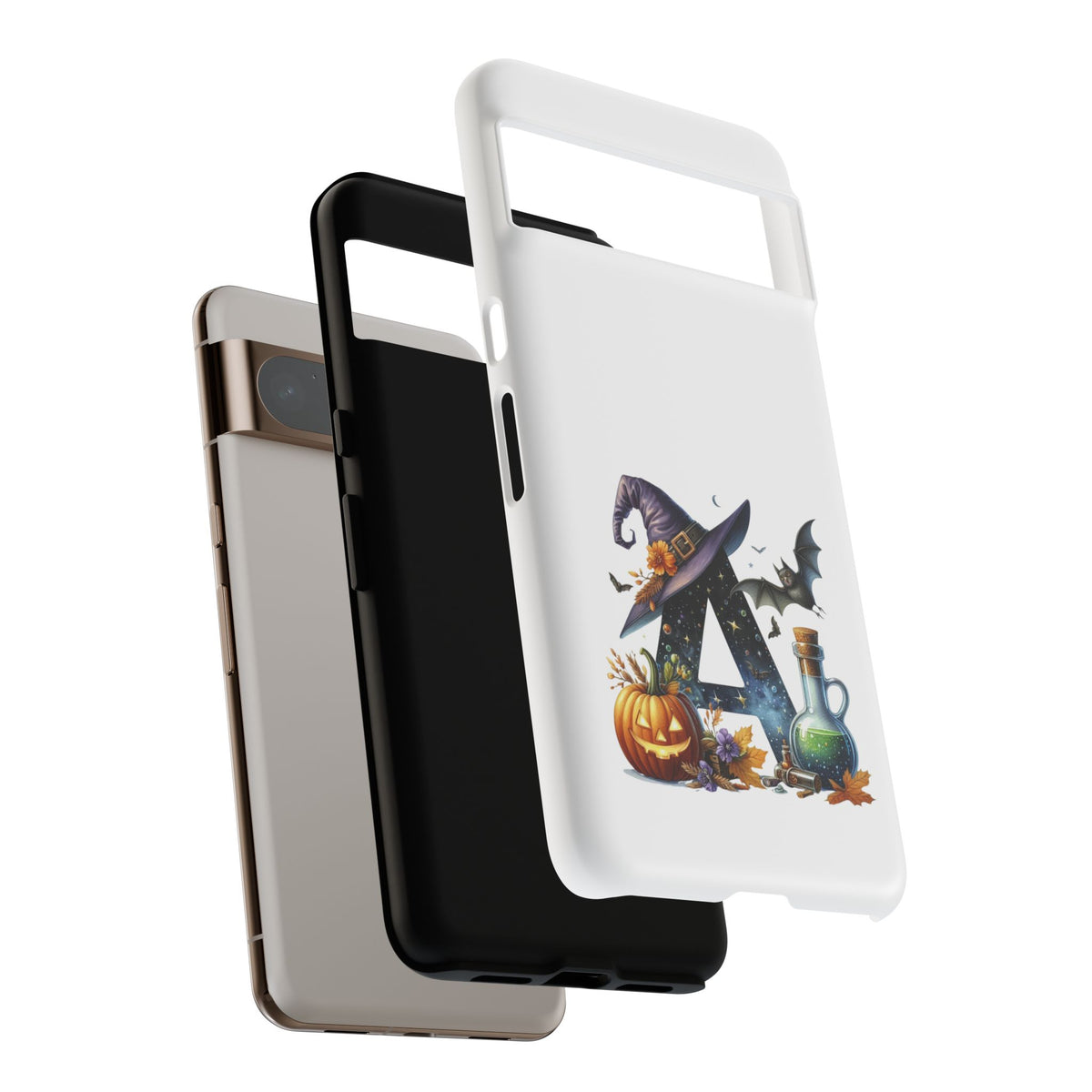 Halloween Witch Initial Phone Case - Letter A Pumpkin, Bat & Potion Cute Fall Phone Cover