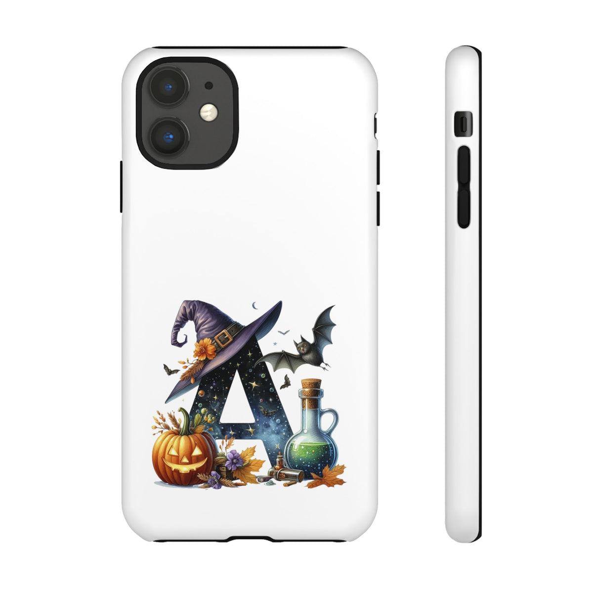 Halloween Witch Initial Phone Case - Letter A Pumpkin, Bat & Potion Cute Fall Phone Cover