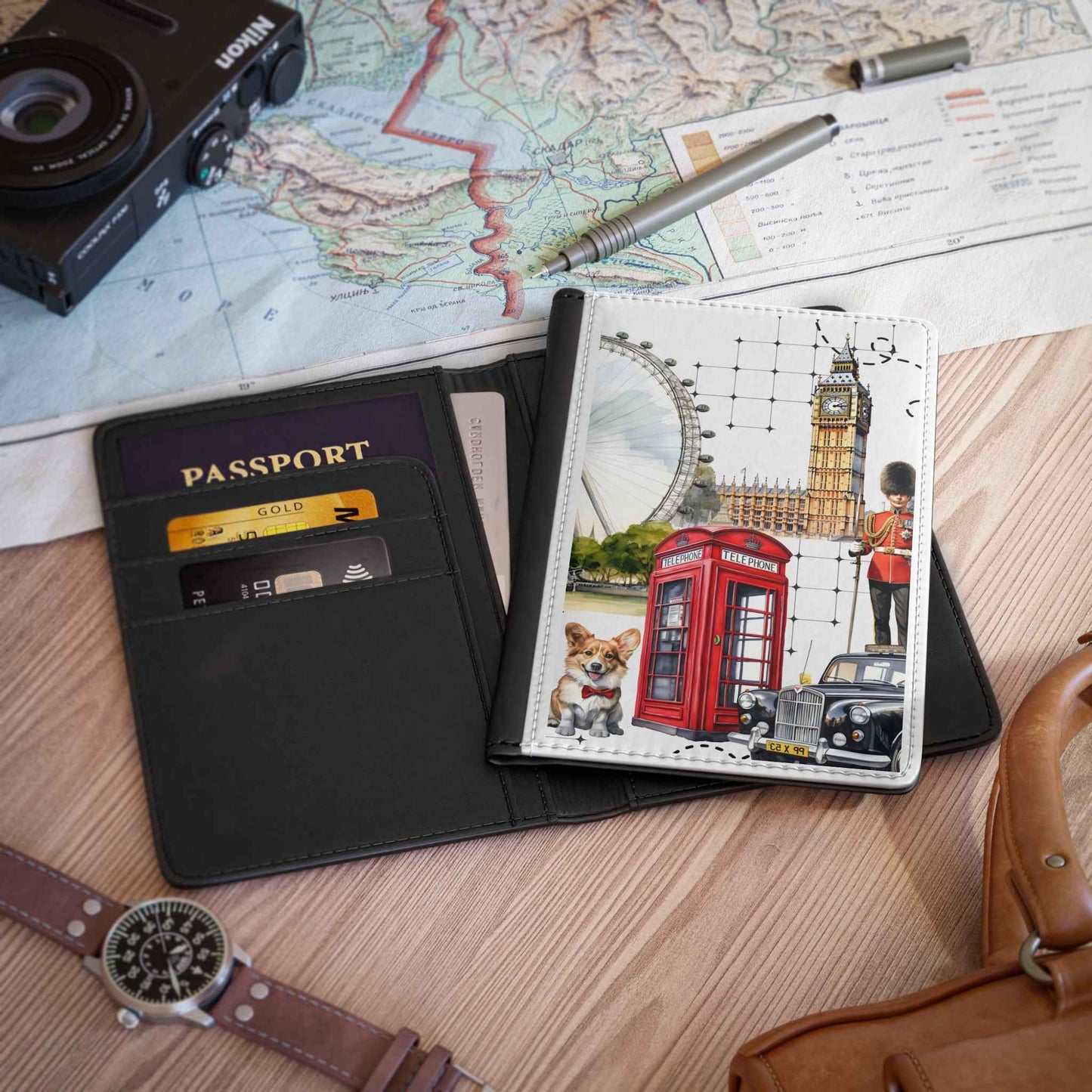 London Icons Passport Cover — Big Ben, Red Phone Box & Corgi Travel Holder