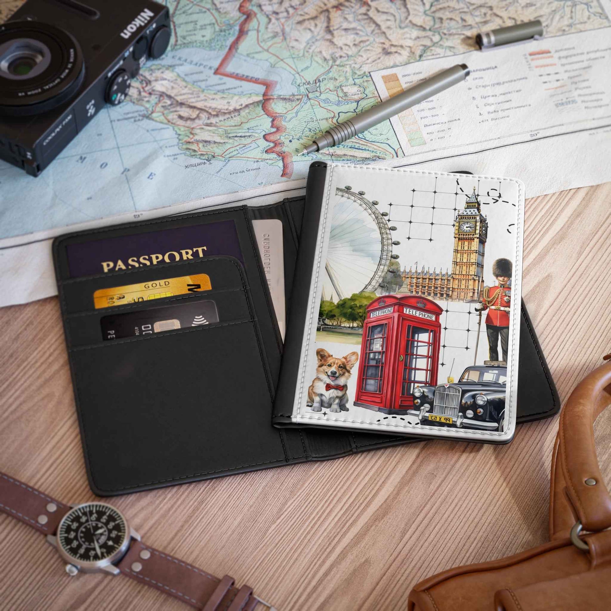London Icons Passport Cover — Big Ben, Red Phone Box & Corgi Travel Holder