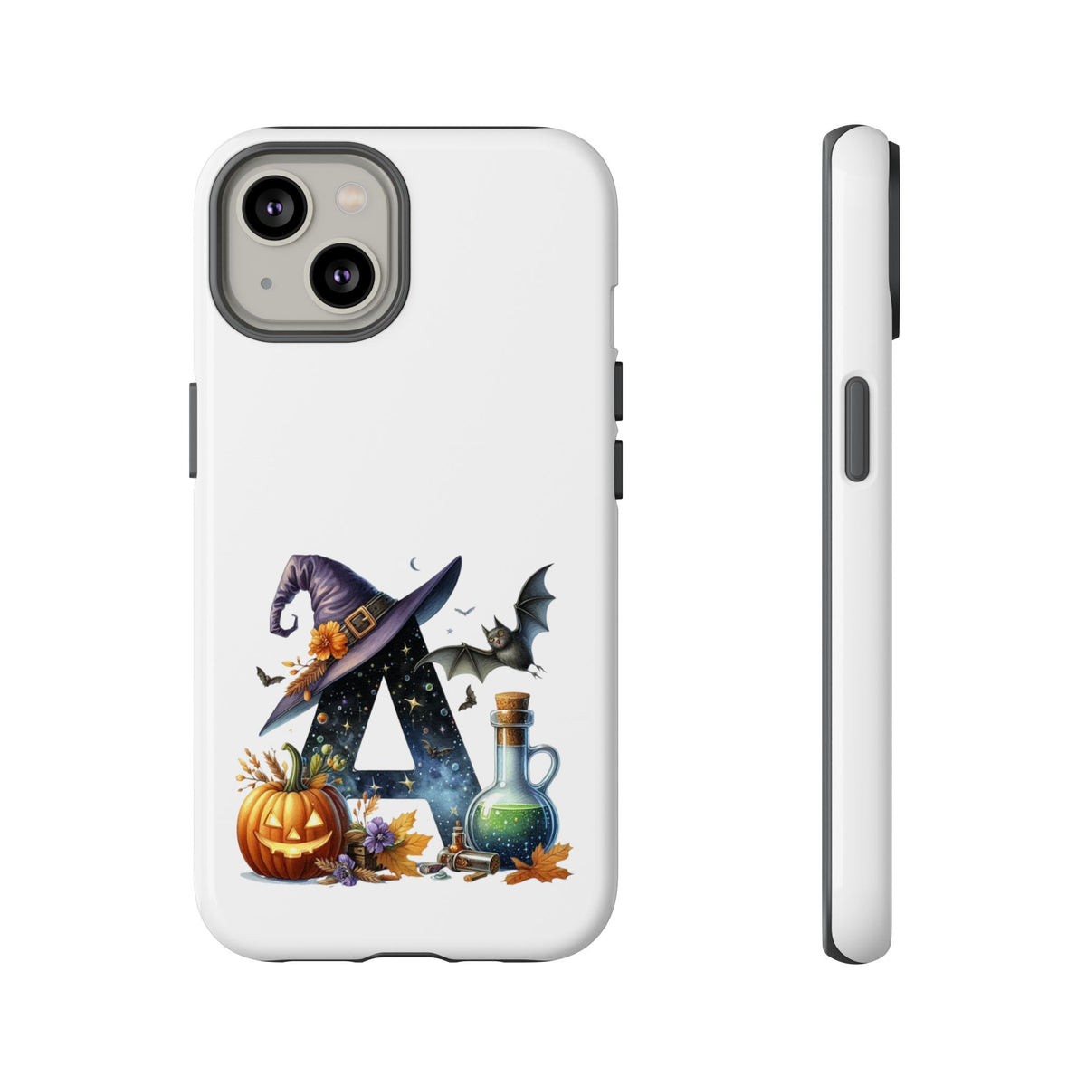Halloween Witch Initial Phone Case - Letter A Pumpkin, Bat & Potion Cute Fall Phone Cover