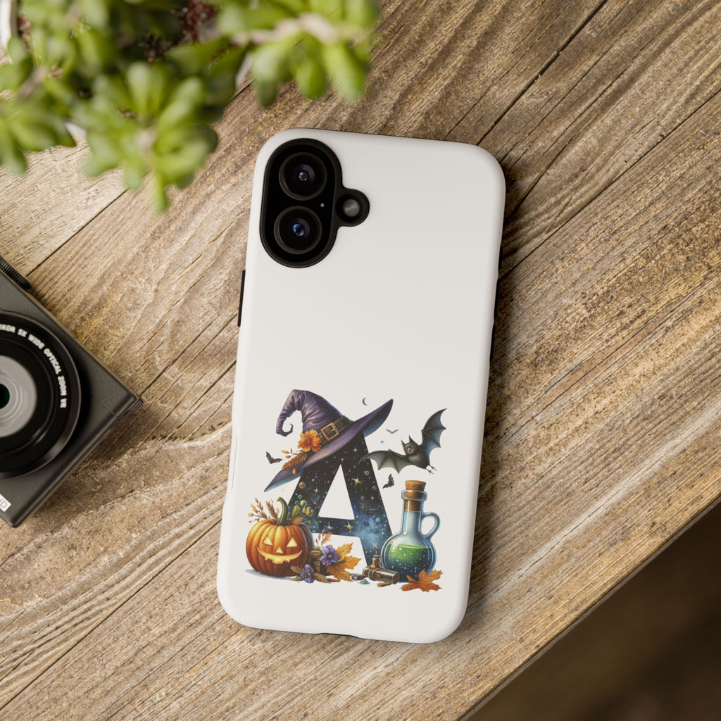 Halloween Witch Initial Phone Case - Letter A Pumpkin, Bat & Potion Cute Fall Phone Cover