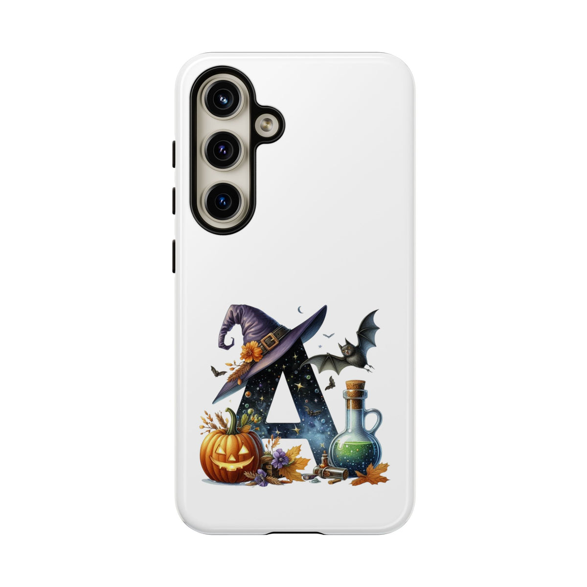Halloween Witch Initial Phone Case - Letter A Pumpkin, Bat & Potion Cute Fall Phone Cover
