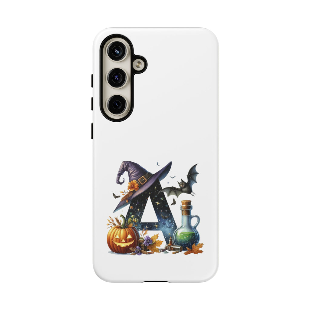 Halloween Witch Initial Phone Case - Letter A Pumpkin, Bat & Potion Cute Fall Phone Cover