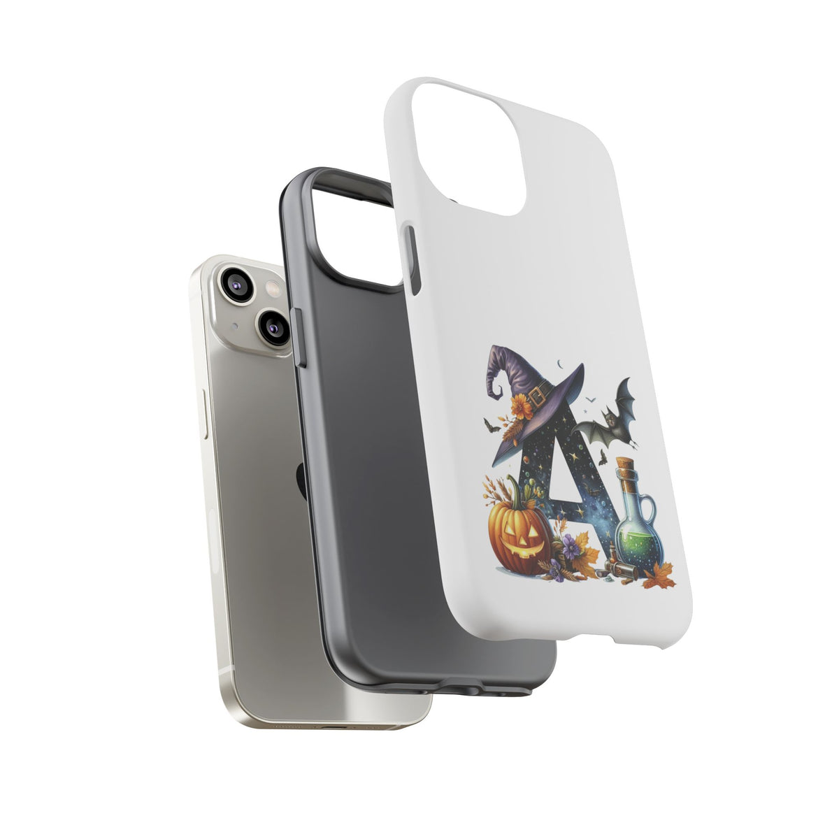 Halloween Witch Initial Phone Case - Letter A Pumpkin, Bat & Potion Cute Fall Phone Cover
