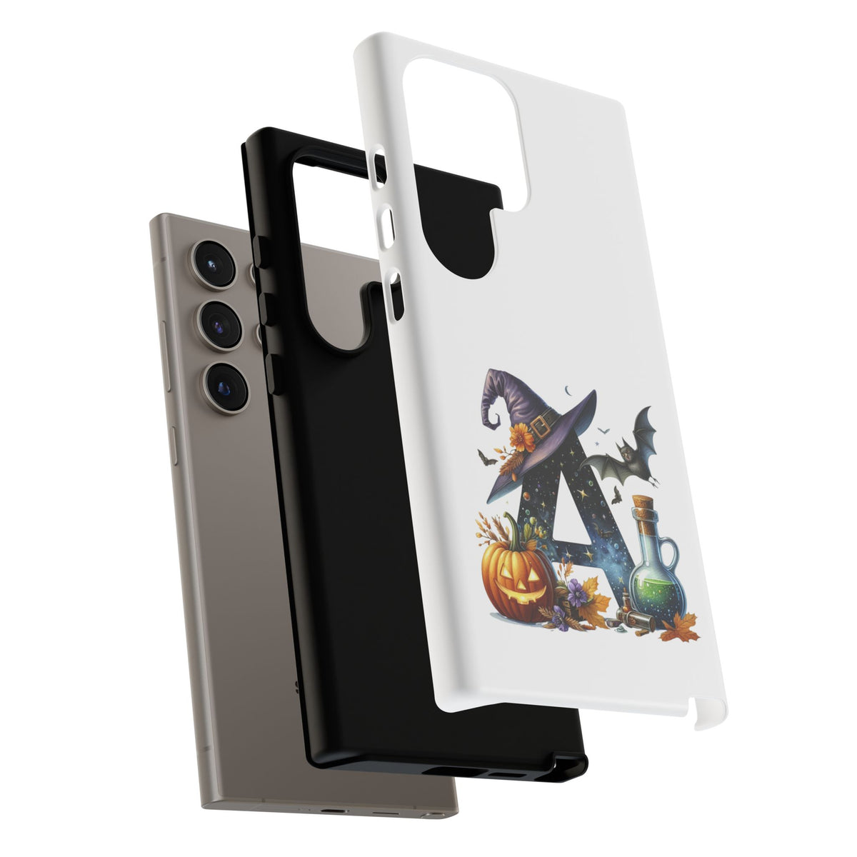 Halloween Witch Initial Phone Case - Letter A Pumpkin, Bat & Potion Cute Fall Phone Cover