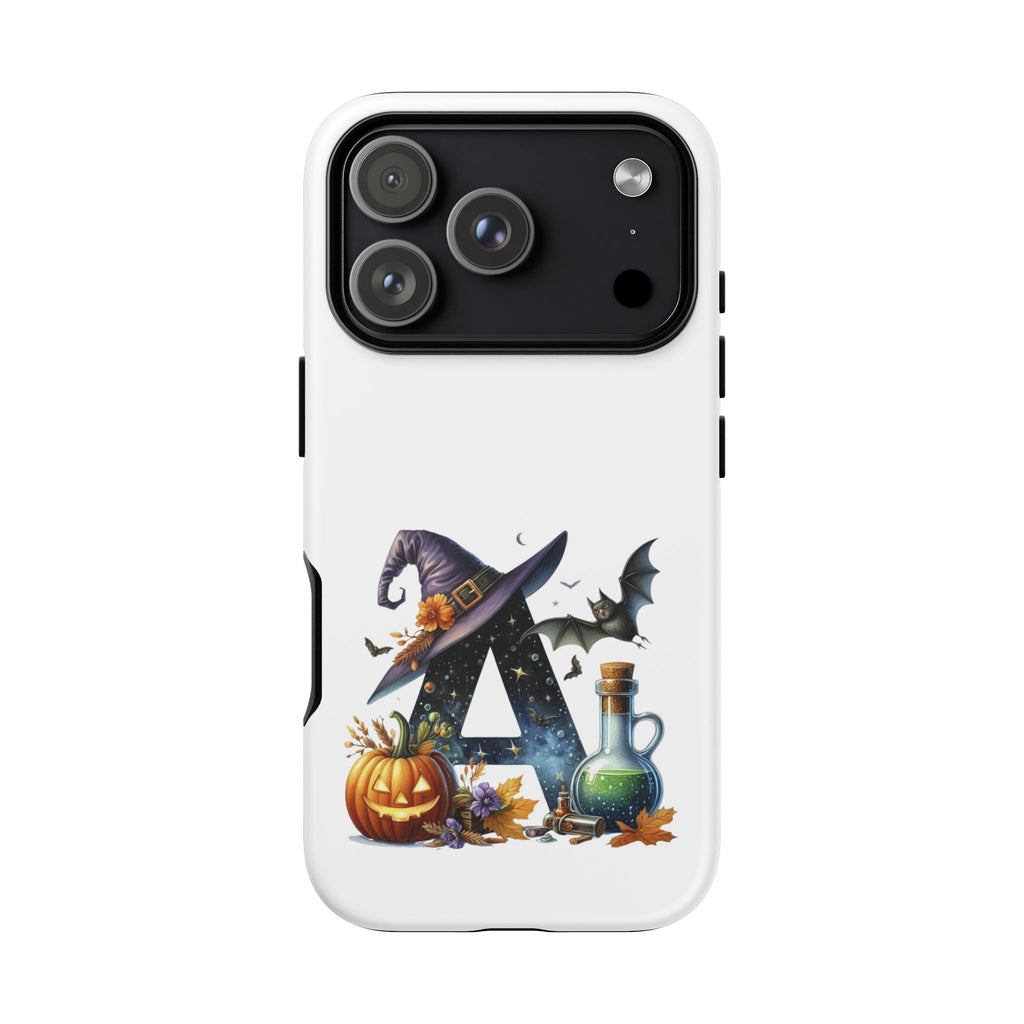 Halloween Witch Initial Phone Case - Letter A Pumpkin, Bat & Potion Cute Fall Phone Cover