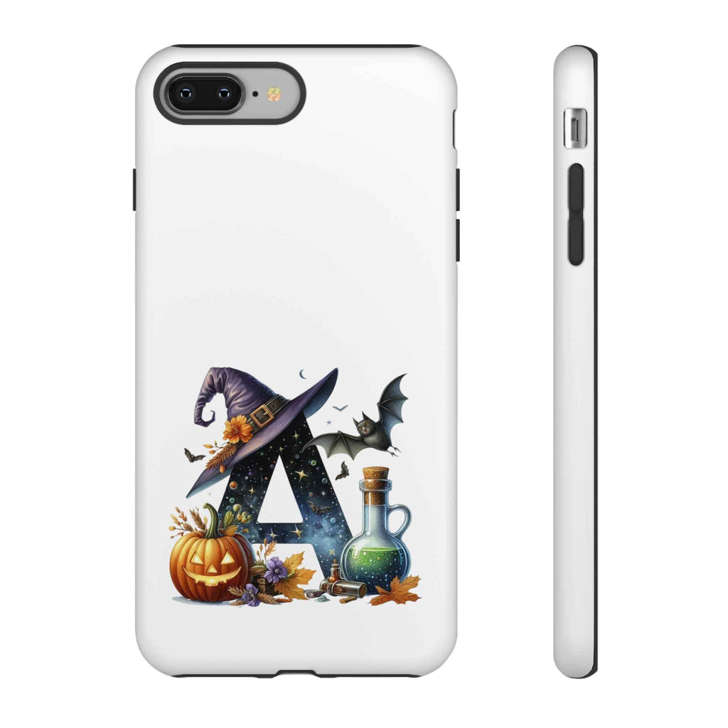 Halloween Witch Initial Phone Case - Letter A Pumpkin, Bat & Potion Cute Fall Phone Cover