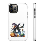 Halloween Witch Initial Phone Case - Letter A Pumpkin, Bat & Potion Cute Fall Phone Cover