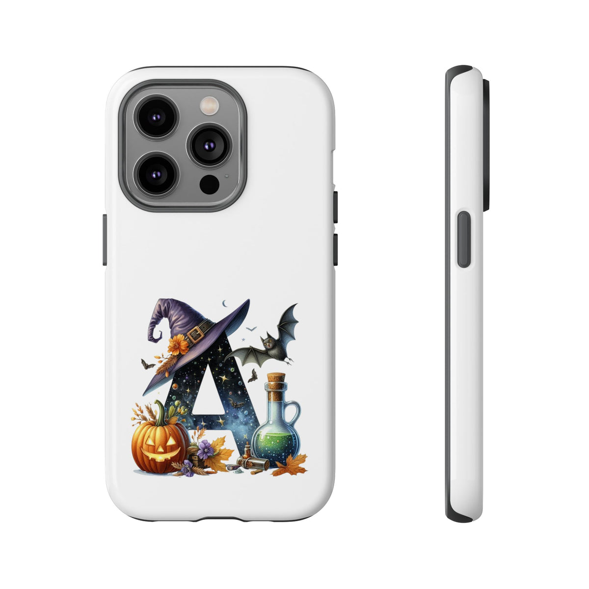 Halloween Witch Initial Phone Case - Letter A Pumpkin, Bat & Potion Cute Fall Phone Cover