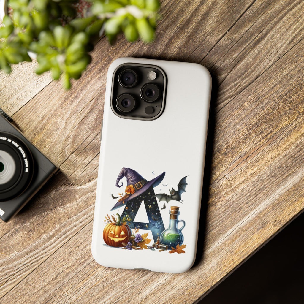 Halloween Witch Initial Phone Case - Letter A Pumpkin, Bat & Potion Cute Fall Phone Cover