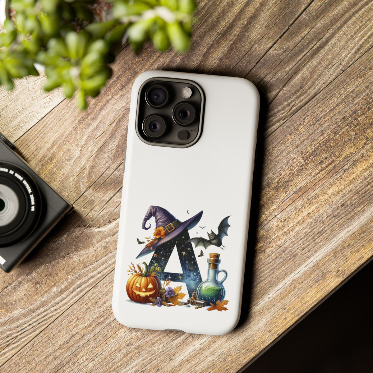 Halloween Witch Initial Phone Case - Letter A Pumpkin, Bat & Potion Cute Fall Phone Cover