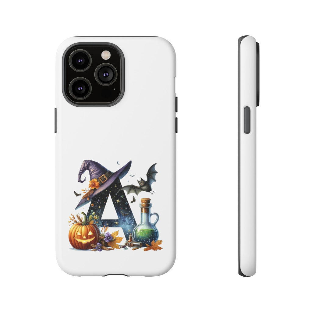 Halloween Witch Initial Phone Case - Letter A Pumpkin, Bat & Potion Cute Fall Phone Cover