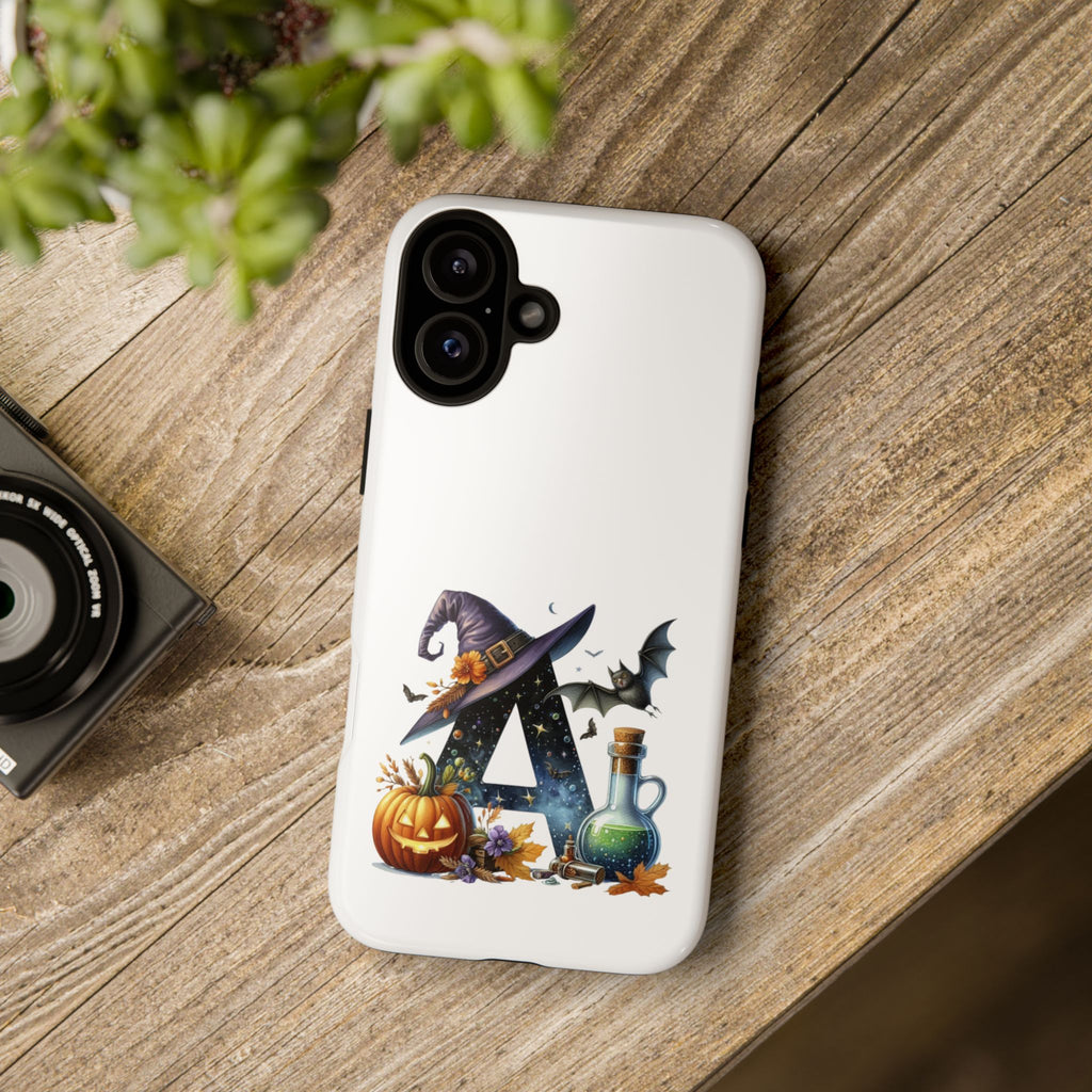 Halloween Witch Initial Phone Case - Letter A Pumpkin, Bat & Potion Cute Fall Phone Cover