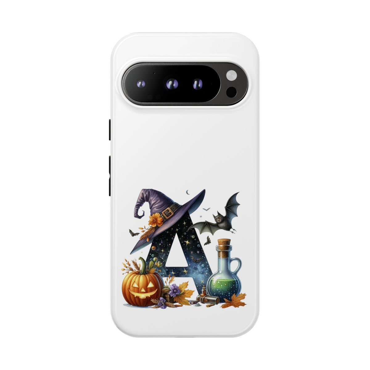 Halloween Witch Initial Phone Case - Letter A Pumpkin, Bat & Potion Cute Fall Phone Cover